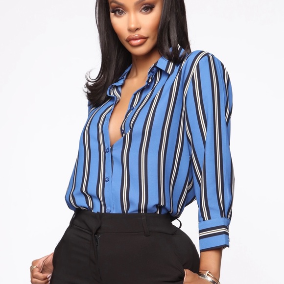 Blue stripe button down blouse - Picture 2 of 3